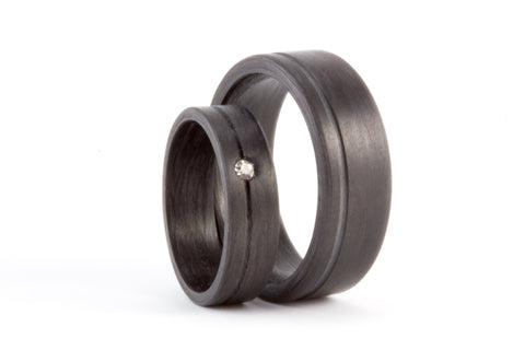 Set of two carbon fiber round wedding bands. Unique and modern black rings. (00147) - Rosler Rings