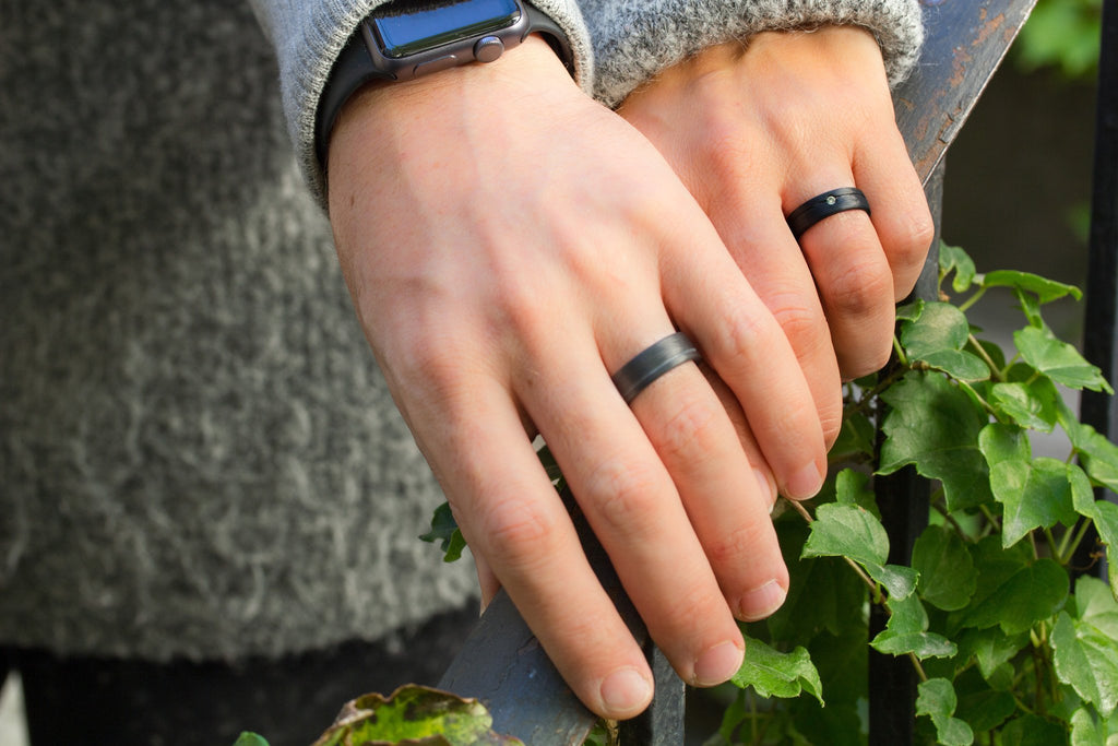 Set of two carbon fiber round wedding bands. Unique and modern black rings. (00147) - Rosler Rings