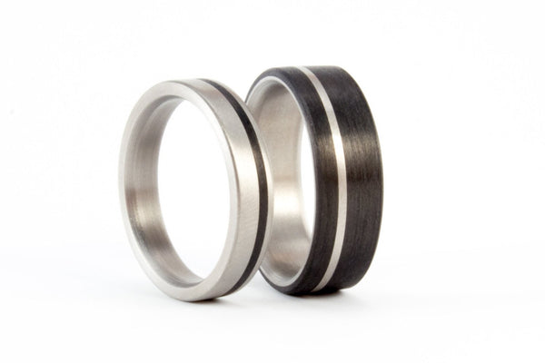 Set of two carbon fiber & titanium wedding bands. Modern black rings. (00321) - Rosler Rings